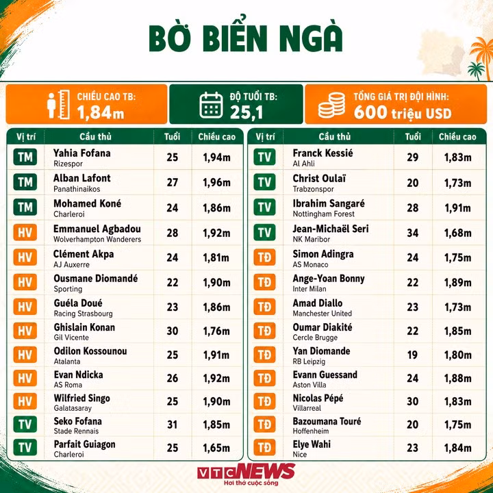 Thông số của đội tuyển Bờ Biển Ngà