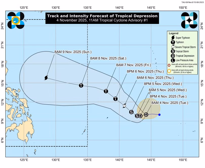 Dự báo diễn biến áp thấp nhiệt đới sắp thành bão gần Biển Đông. Ảnh: PAGASA.