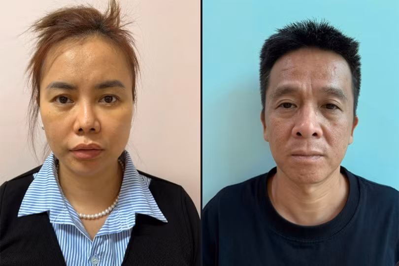 Nguyễn Ái Châu (trái) và Trần Quốc Thái tại cơ quan điều tra. Ảnh: Ngọc Oanh