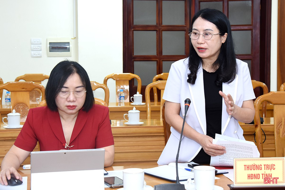 Trưởng ban Pháp chế (HĐND tỉnh) Nguyễn Thị Nhuần góp ý các nội dung tại cuộc họp.