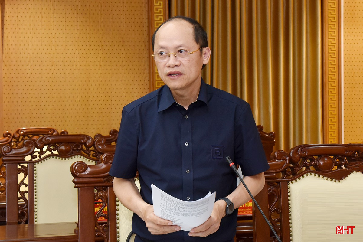 Phó Chủ tịch Thường trực UBND tỉnh Nguyễn Hồng Lĩnh báo cáo nội dung các tờ trình tại cuộc họp.