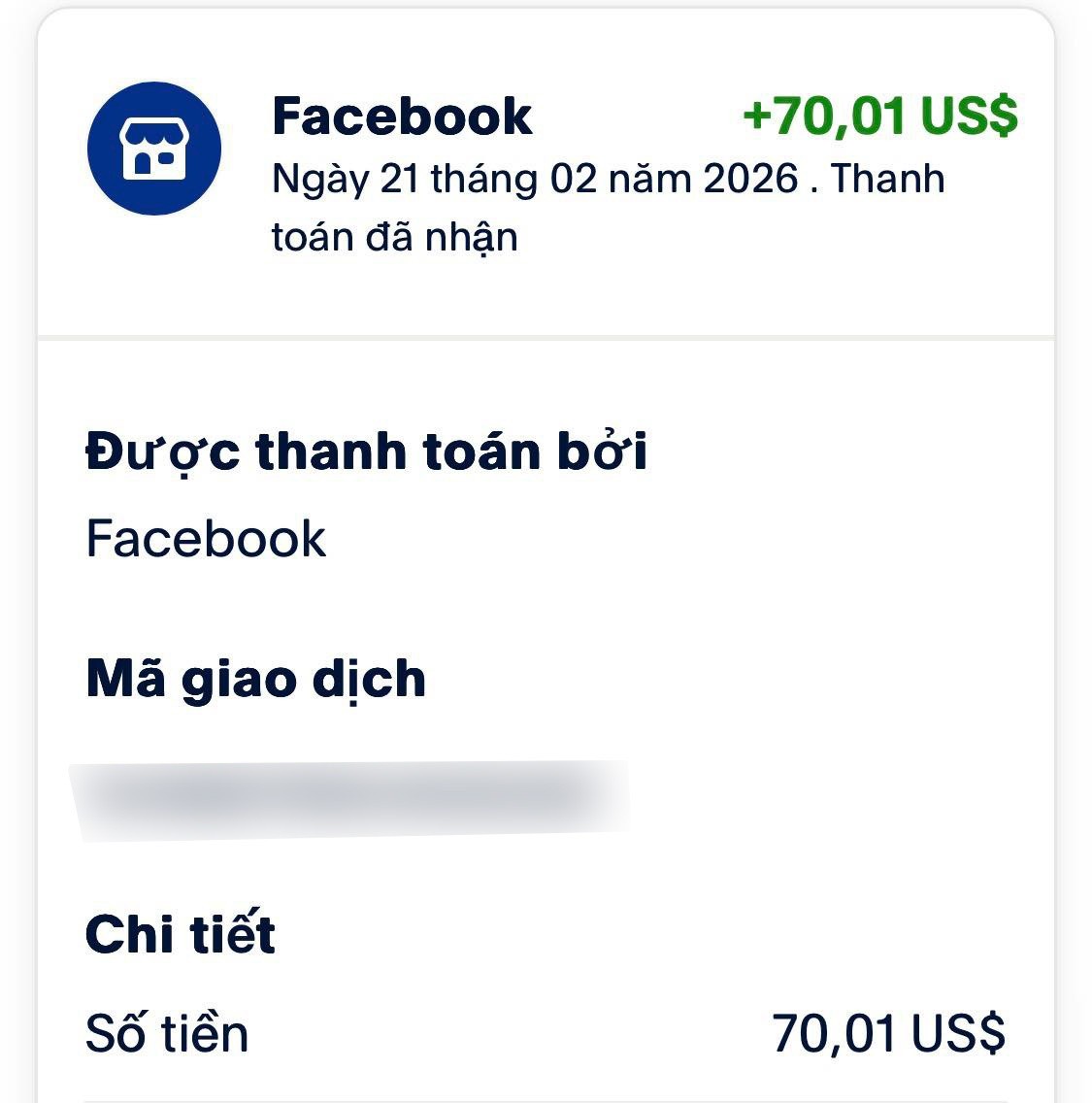 Thông báo thanh toán của mạng xã hội cho người sáng tạo tại Việt Nam. Ảnh: Hồng Phúc Nguyễn.