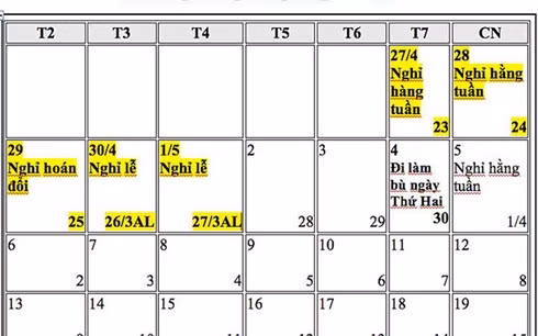 Đề xuất hoán đổi ngày nghỉ dịp Tết dương lịch, 30/4 và 1/5 năm 2019 ảnh 3 de xuat hoan doi ngay nghi dip tet duong lich 30 4 va 1 5 nam 2019