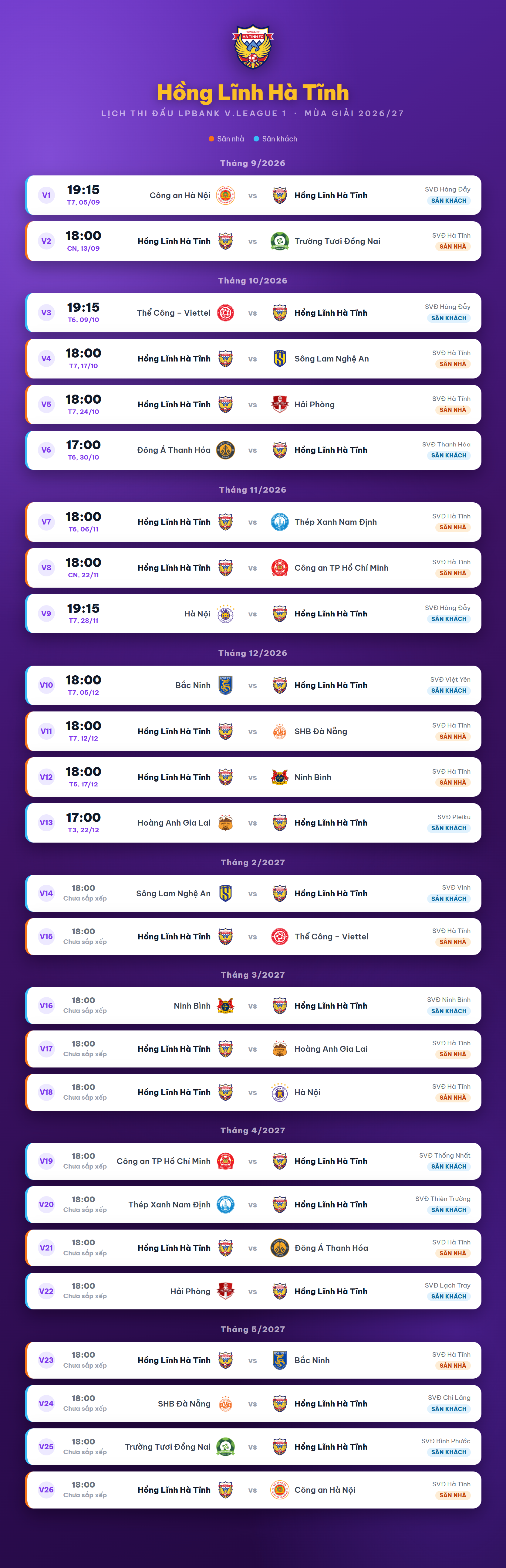 Lịch thi đấu của Hồng Lĩnh Hà Tĩnh tại V.League 1 mùa giải 2026/27