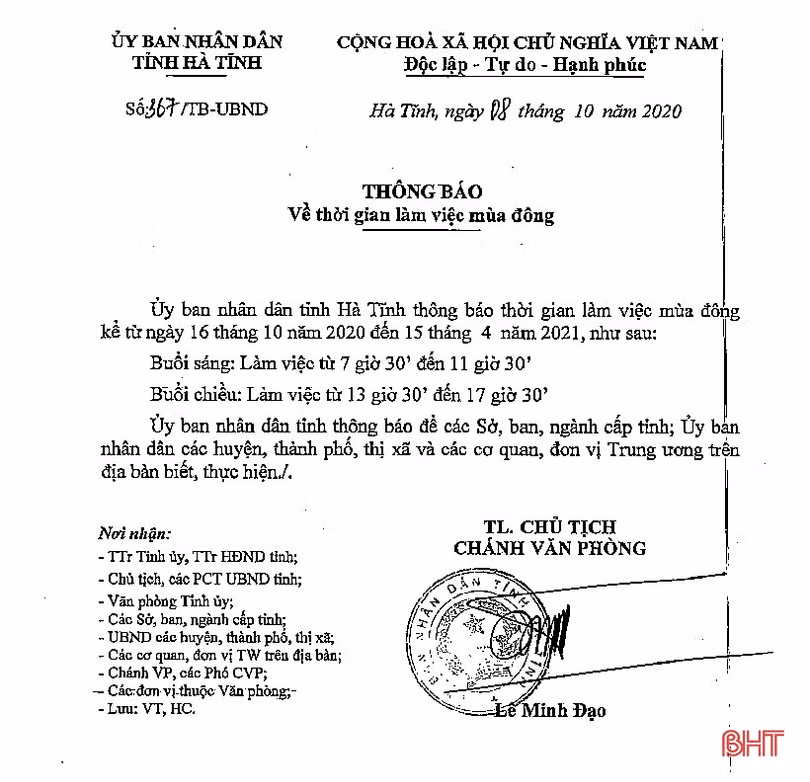 Điều chỉnh giờ mùa đông, cán bộ, công chức Hà Tĩnh bắt đầu làm việc từ 7h30