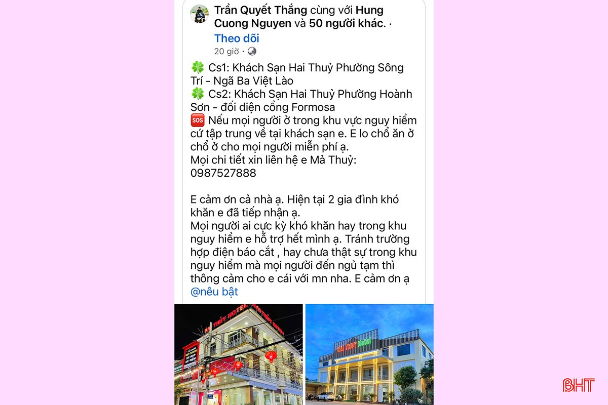 Hệ thống khách sạn Hai Thủy lo toàn bộ chỗ ở, chỗ ăn, ưu tiên cho các gia đình khó khăn, người già, phụ nữ và trẻ nhỏ.