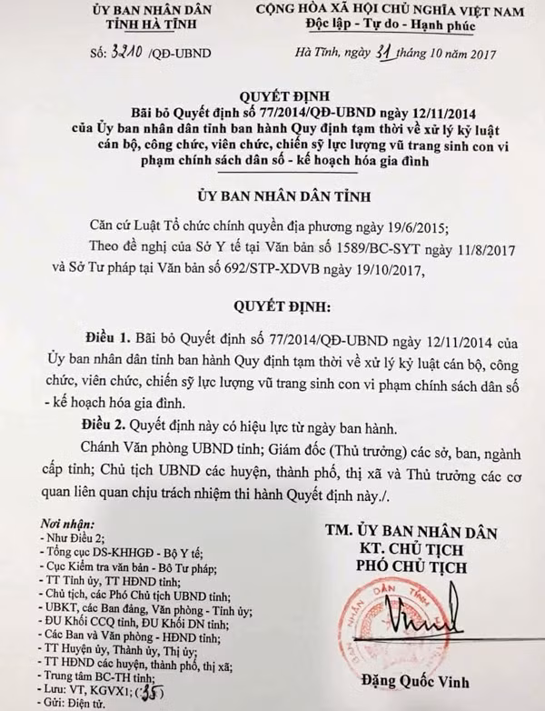 ha tinh bai bo quyet dinh ve xu ly ky luat sinh con vi pham chinh sach dan so