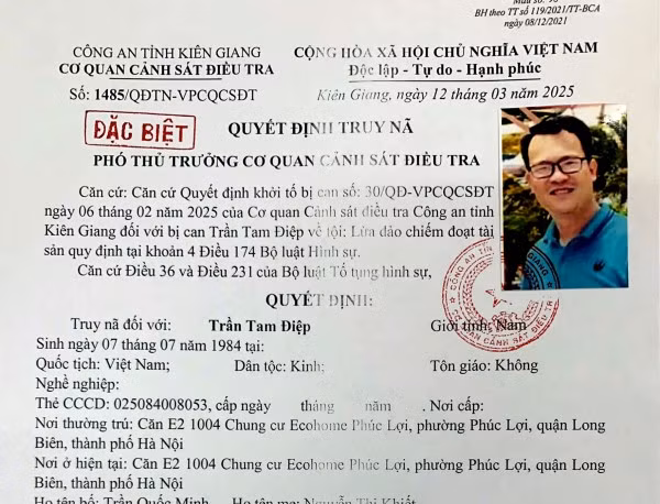 Quyết định truy nã đối với Trần Tam Điệp.