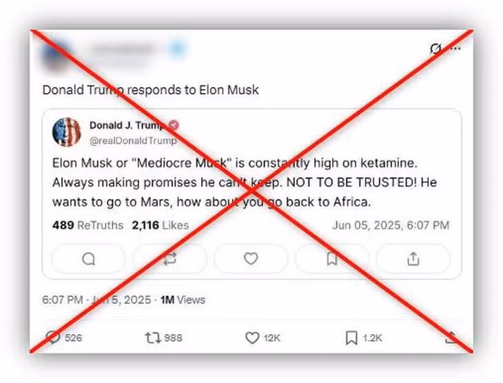 Ảnh chụp màn hình bài đăng cáo buộc "ông Elon Musk phê ketamine" của Tổng thống Mỹ Donald Trump được lan truyền trên mạng xã hội, đạt hơn 1 triệu lượt xem và hàng chục ngàn lượt tương tác - Ảnh: AFP
