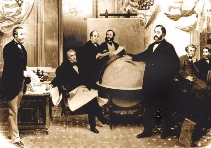 Lễ ký kết hiệp định nhượng Alaska giữa quan chức Nga và Mỹ ngày 30/3/1867. Ảnh: Britannica