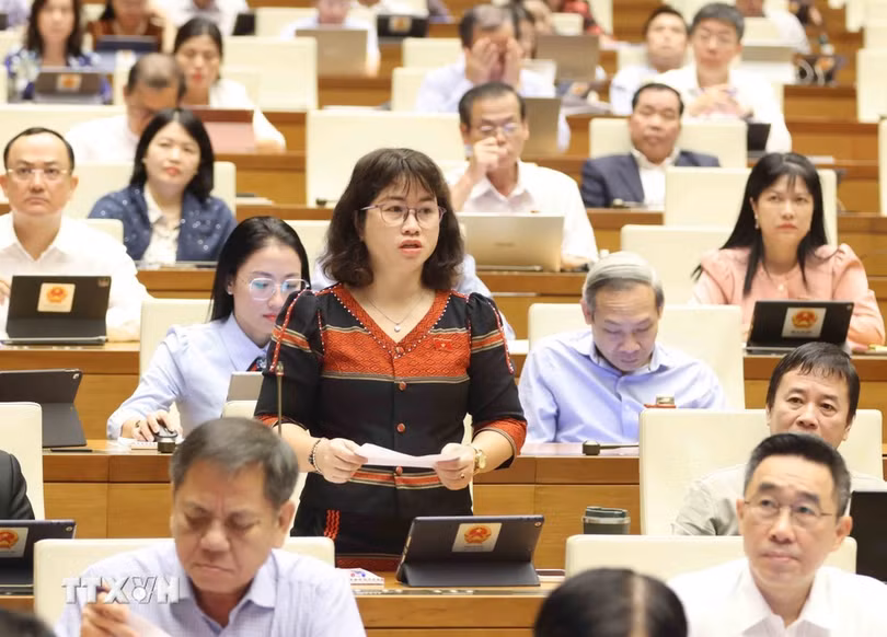 Đại biểu Quốc hội tỉnh Đắk Nông Nguyễn Thị Kiều đặt câu hỏi chất vấn. (Ảnh: Phương Hoa/TTXVN)