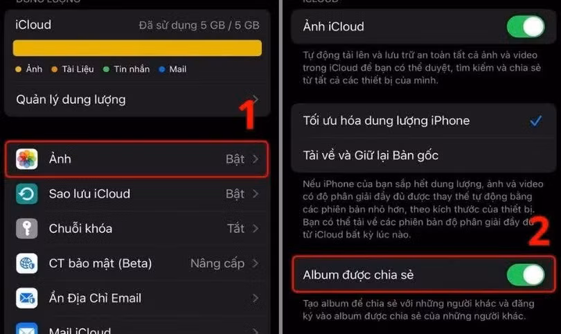 Chọn Ảnh rồi bật mục Album được chia sẻ.