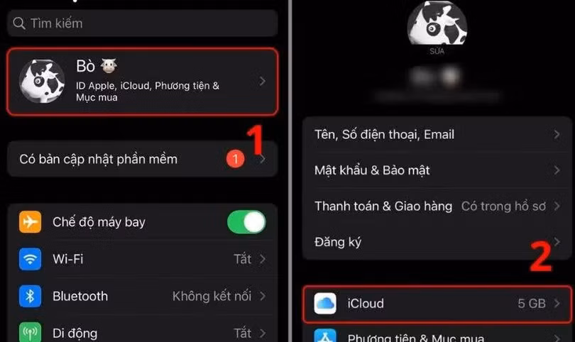 Nhấn vào ID Apple, sau đó chọn iCloud.