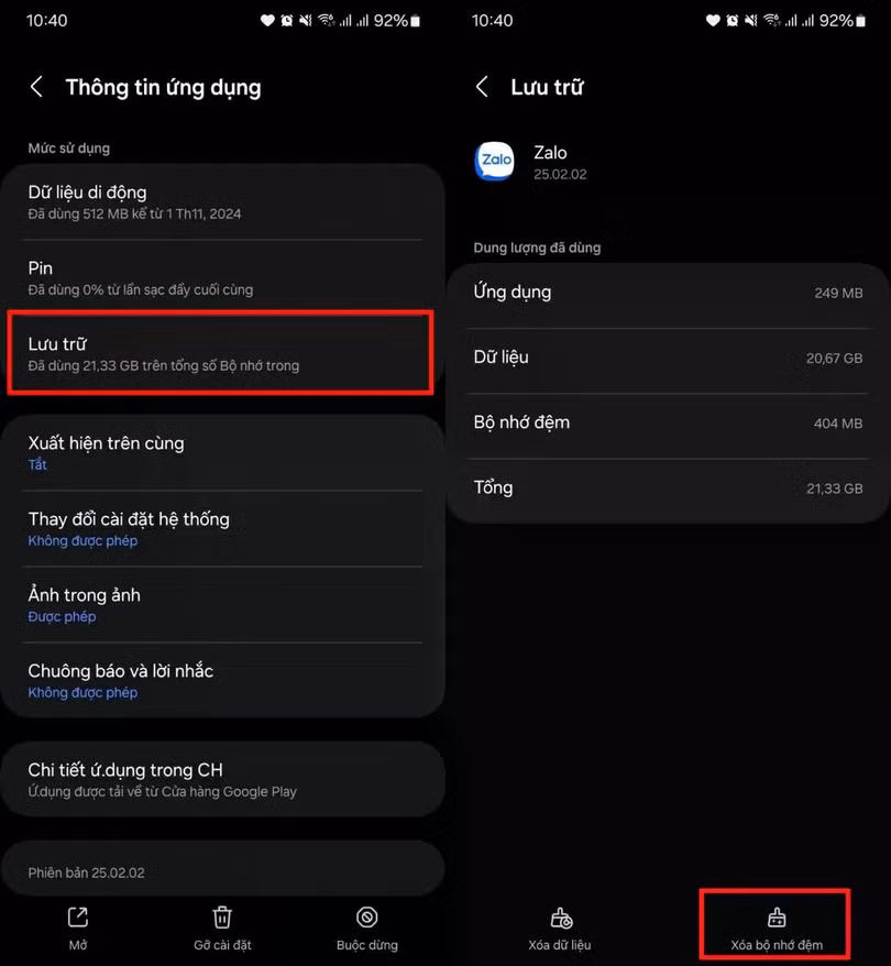 Vào mục “Lưu trữ” > Nhấn “Xóa bộ nhớ đệm”.
