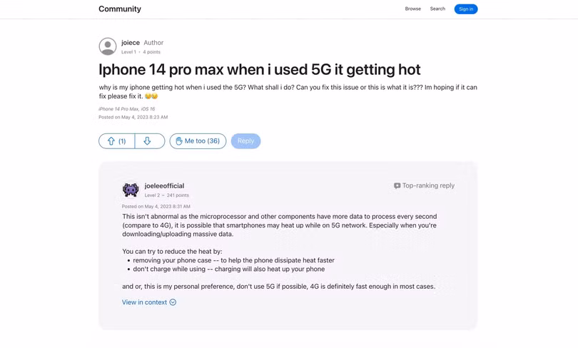 Người dùng iPhone phản ánh tình trạng quá nhiệt khi dùng 5G trên diễn đàn hỗ trợ của Apple.
