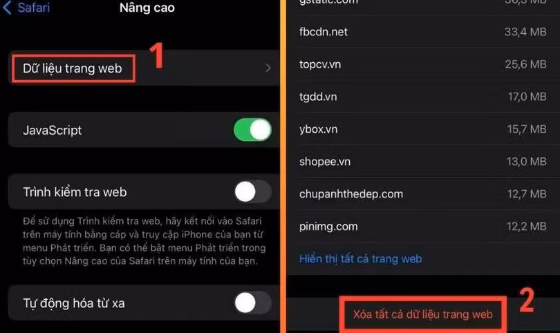 Chọn “Dữ liệu trang web”, rồi nhấn “Xóa tất cả dữ liệu trang web”.