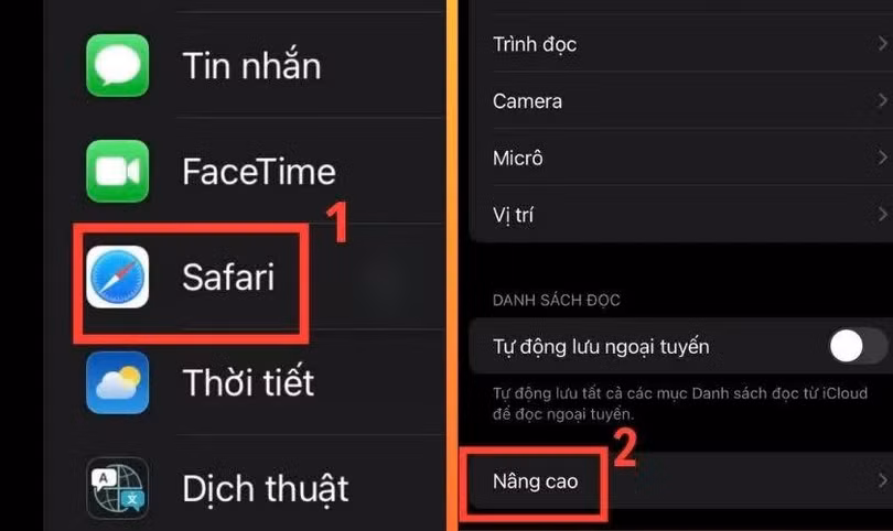 Kéo xuống và chọn mục “Safari”, sau đó tiếp tục nhấn vào “Nâng cao”.