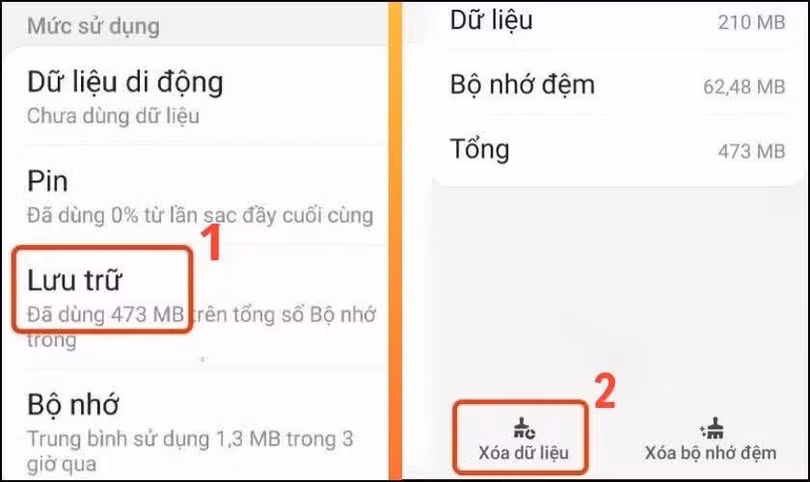 Chọn mục “Lưu trữ”, rồi nhấn “Xóa dữ liệu”.