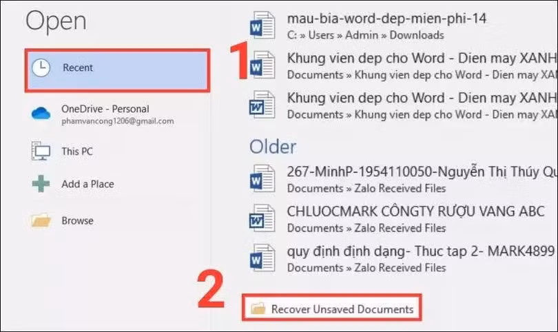 Trong giao diện tiếp theo, chọn Recent.