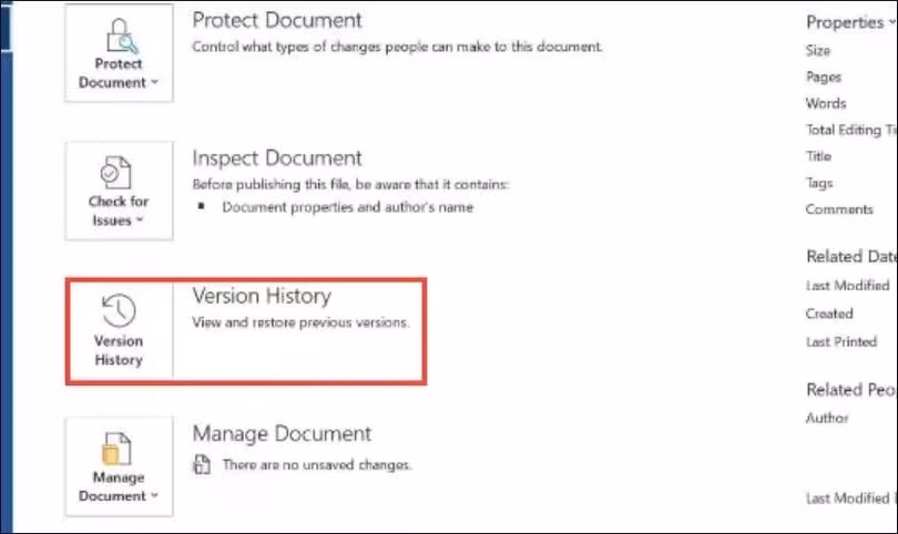 Tiếp tục tìm và nhấn vào Version History.
