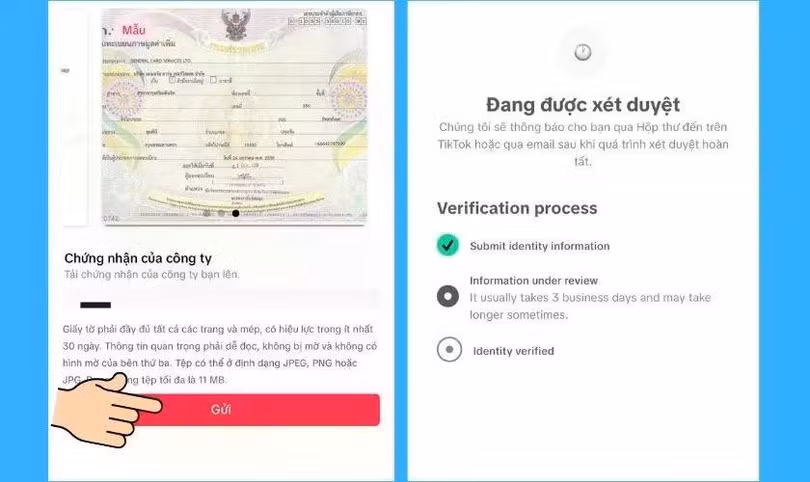 Kiểm tra lại hồ sơ rồi nhấn Gửi để hoàn tất quá trình đăng ký xác minh.