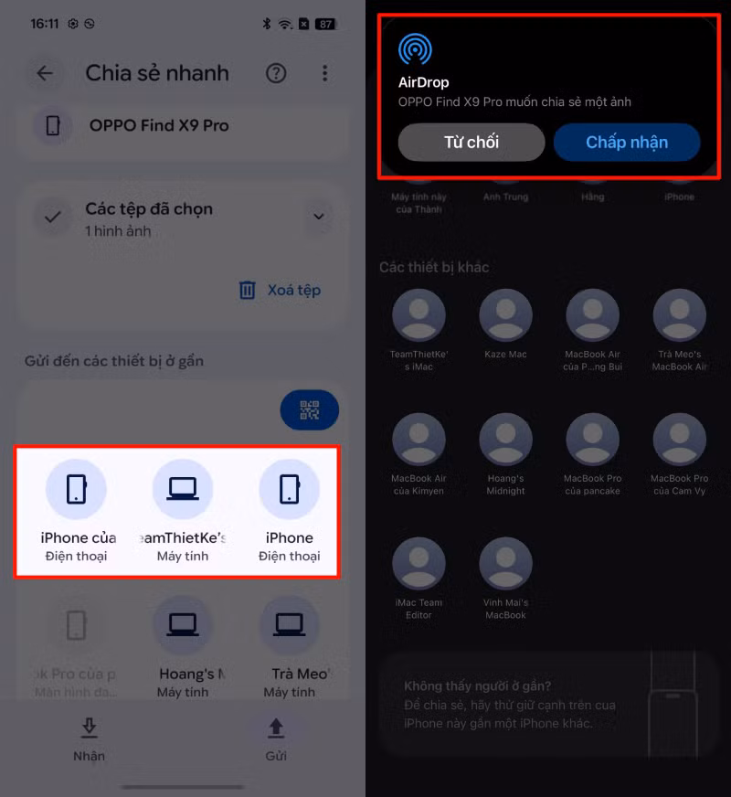 Khi tên iPhone hoặc MacBook xuất hiện trên màn hình OPPO.