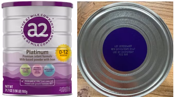 Sản phẩm sữa bột a2 Platinum Premium dành cho trẻ 0-12 tháng tuổi bị thu hồi tại thị trường Mỹ. Ảnh:FDA