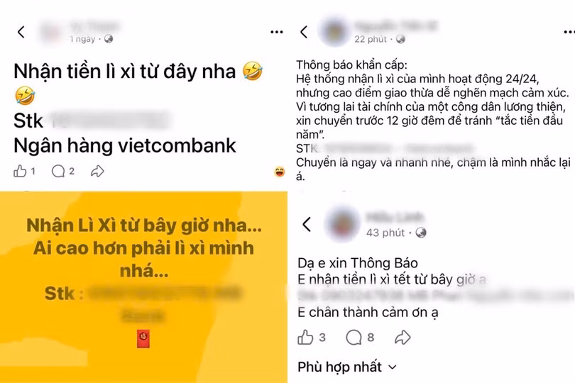 Nhiều bạn trẻ đăng bài công khai số tài khoản nhận lì xì. Ảnh: Chụp màn hình.