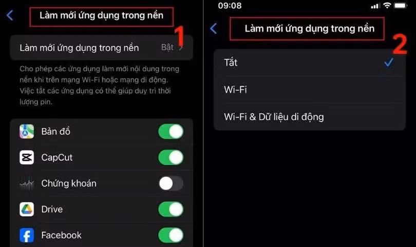 Tiếp tục chọn Làm mới ứng dụng trong nền.