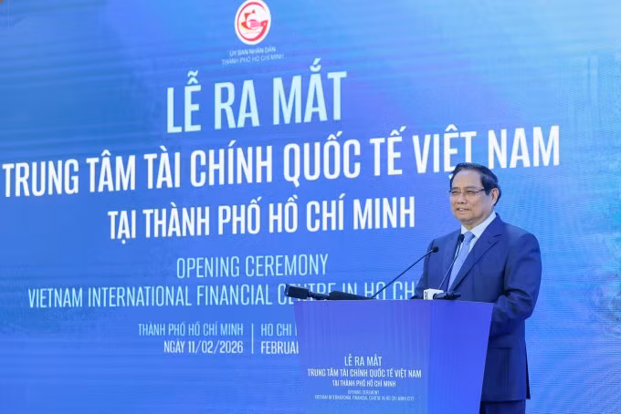 Thủ tướng Phạm Minh Chính phát biểu tại Lễ ra mắt Trung tâm tài chính quốc tế Việt Nam tại TP HCM sáng 11/2. Ảnh: VPG