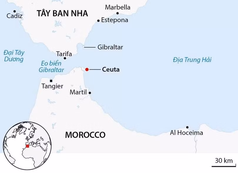 Vị trí Morocco, Tây Ban Nha và thành phố Ceuta. Đồ họa: Guardian