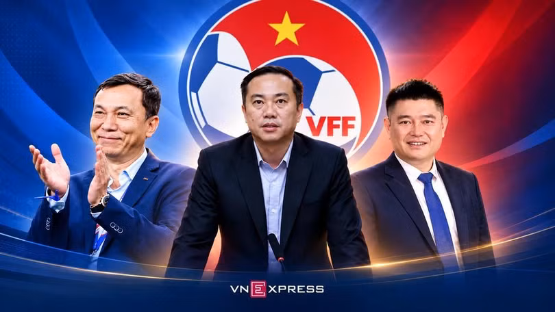 Ông Trần Quốc Tuấn, Nguyễn Xuân Vũ, Nguyễn Đức Thụy (từ trái sang) được đề cử Chủ tịch VFF khóa 10 nhiệm kỳ 2027-2031. Đồ họa: Hiếu Lương (AI hỗ trợ)