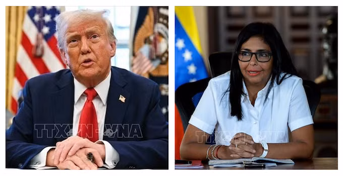 Tổng thống Mỹ Donald Trump và bà Delcy Rodriguez, người hiện đang giữ chức Tổng thống lâm thời Venezuela. Ảnh: IRNA, AFP/TTXVN