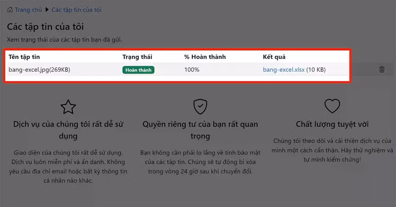 Sau khi quá trình chuyển đổi hoàn tất, nhấn vào tên file để tải file Excel về máy.