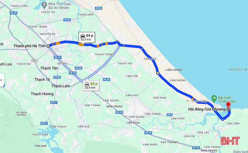 Biển Hải Đăng cách trung tâm TP Hà Tĩnh hơn 30km về phía Đông Nam. Ảnh: Google Maps. Maps Hải Đăng.jpg