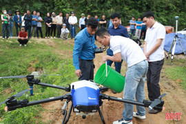 Nông dân Hương Sơn dùng "máy bay" không người lái phun thuốc trừ sâu