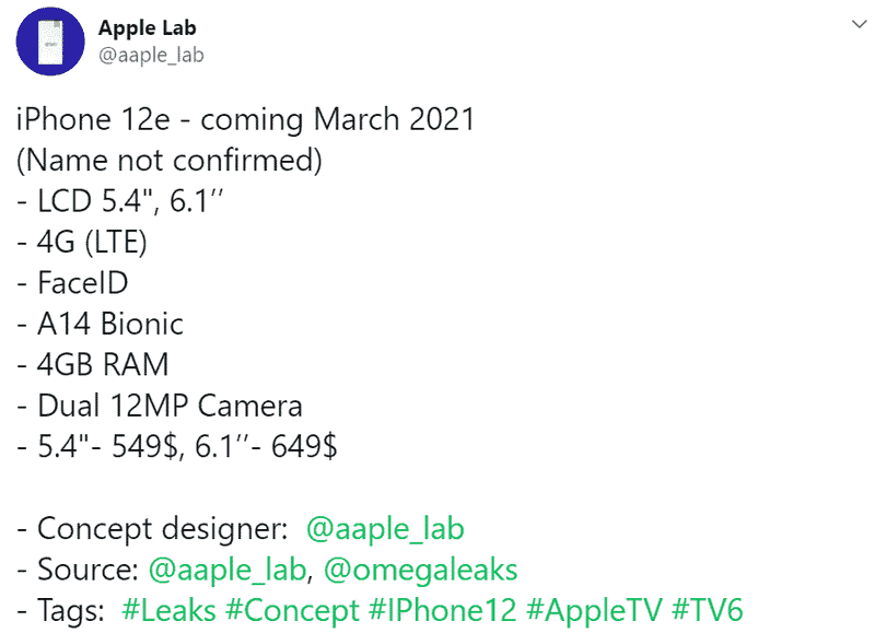 Tin đồn về mẫu iPhone 12e giá rẻ với chỉ 549 USD. Nguồn: Gizchina iPhone 12s giá rẻ thay thế iPhone XR ra mắt khi nào?