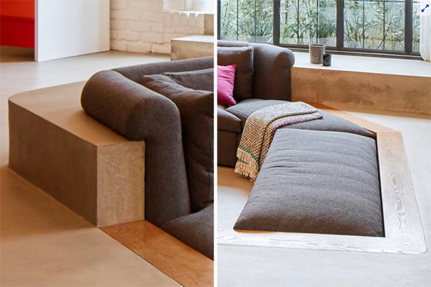 Không gian độc đáo của ngôi nhà có phòng khách được thiết kế chìm