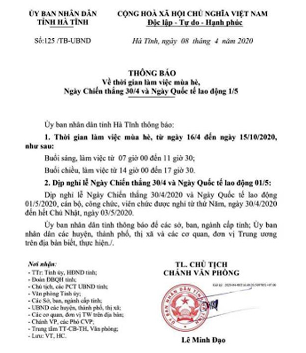 Công chức Hà Tĩnh thay đổi giờ làm việc sau ngày hết hạn cách ly xã hội