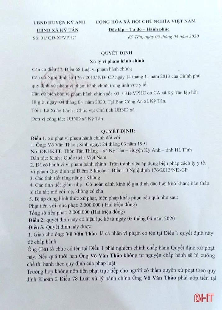 Hà Tĩnh: Xử phạt 2 triệu đồng một đối tượng trốn cách ly y tế
