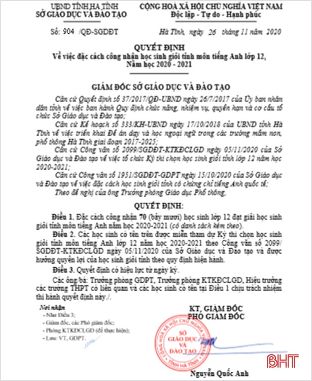 Hà Tĩnh đặc cách công nhận 70 em lớp 12 đạt giải học sinh giỏi tỉnh môn tiếng Anh năm học 2020 - 2021