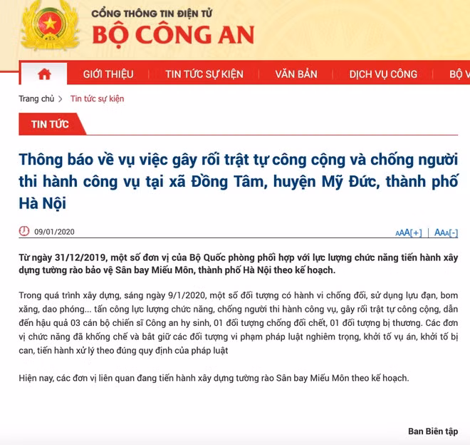 Bộ Công an thông tin về vụ gây rối trật tự công cộng tại Đồng Tâm