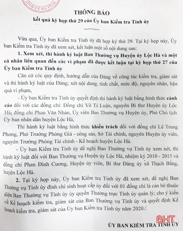 Ủy ban Kiểm tra Tỉnh ủy Hà Tĩnh kỷ luật cảnh cáo nguyên Bí thư Huyện ủy Lộc Hà