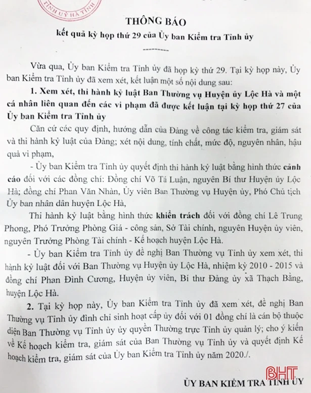 Ủy ban Kiểm tra Tỉnh ủy Hà Tĩnh kỷ luật cảnh cáo nguyên Bí thư Huyện ủy Lộc Hà