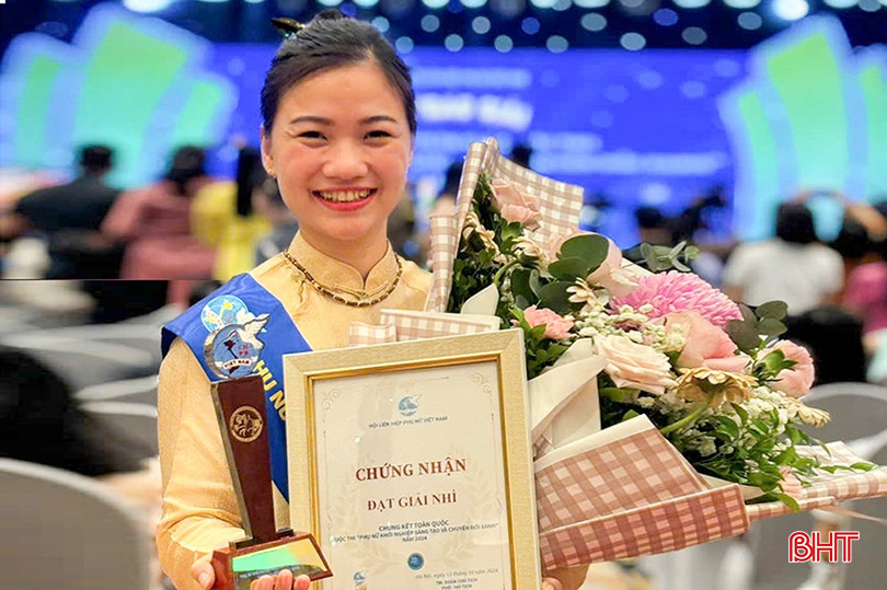 Chị Nguyễn Thị Huyền Trang (Giám đốc Công ty TNHH Thương mại Linh Trang, TP Hà Tĩnh) đạt giải nhì Chung kết toàn quốc Cuộc thi “Phụ nữ khởi nghiệp sáng tạo và chuyển đổi xanh” năm 2024. bqbht_br_a3-7873-8063.jpg