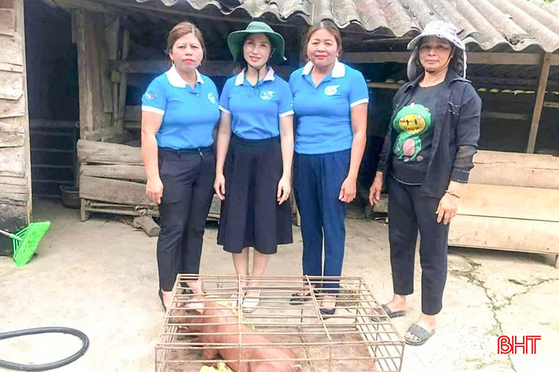 Hội LHPN xã Phú Gia (Hương Khê) trao mô hình sinh kế lợn giống cho chị Nguyễn Thị Hà (ngoài cùng bên phải) có hoàn cảnh khó khăn tại thôn Phú Bình, dịp tháng 9/2024. a6-3645.jpg