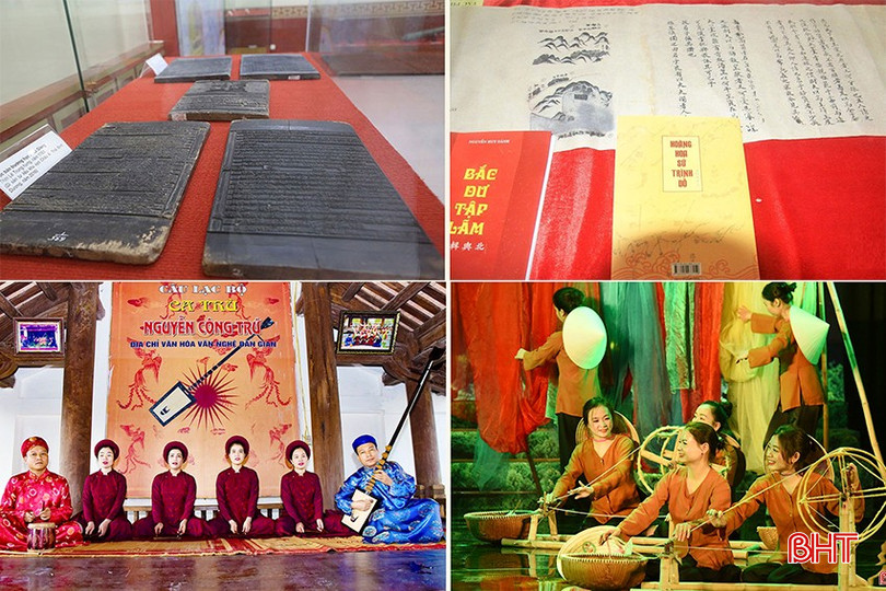 Một số di sản của Hà Tĩnh đã được UNESCO vinh danh (từ trên xuống từ trái qua): Mộc bản Trường học Phúc Giang; Hoàng Hoa sứ trình đồ; ca trù Cổ Đạm; dân ca ví, giặm. a5.jpg
