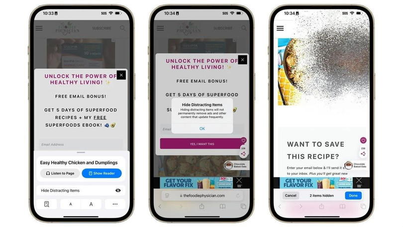 Các mục trên trang web chỉ bị tạm ẩn, không thể xóa hoàn toàn như ad-blocker. Ảnh: Apple. Các mục trên trang web chỉ bị tạm ẩn, không thể xóa hoàn toàn như ad-blocker. Ảnh: Apple.