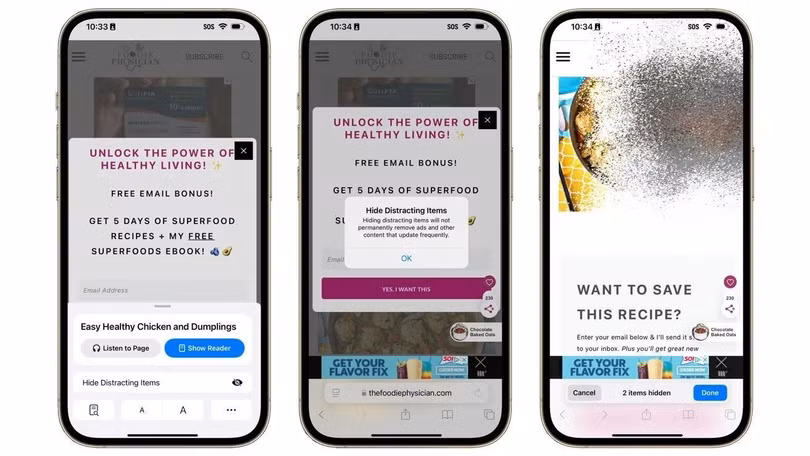 Các mục trên trang web chỉ bị tạm ẩn, không thể xóa hoàn toàn như ad-blocker. Ảnh: Apple.