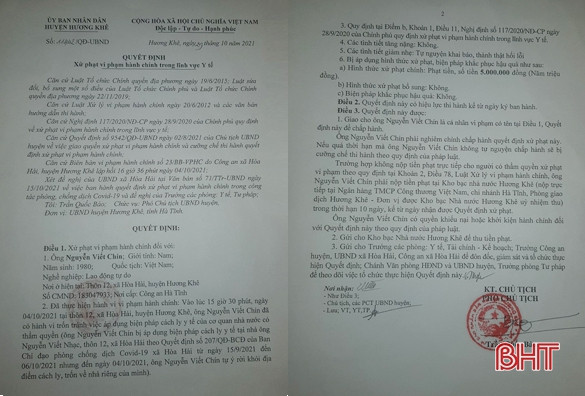 Trốn cách ly y tế, người đàn ông ở Hương Khê bị phạt 5 triệu đồng